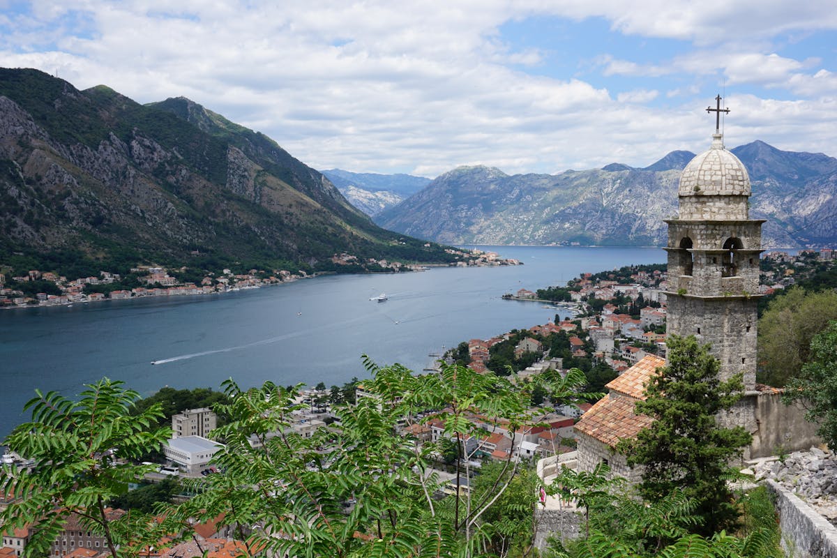 Kotor bay on a misty winter morning with mountains behind