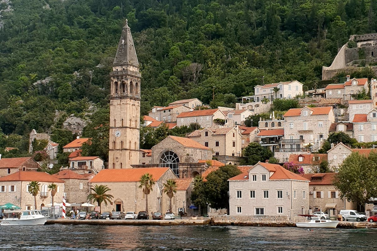 View of Perast and the bay from the coast road